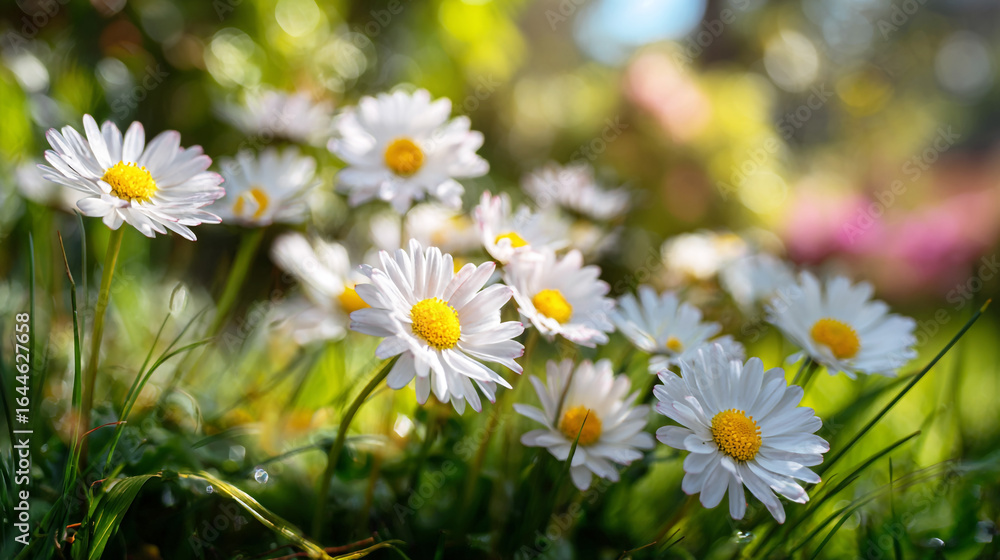 A group of daisies in full bloom, their petals are white with yellow centers, in the green grass field. Close-up view. The background features a blurred garden setting A group of daisies in full bloom, their petals are white with yellow centers, in the green grass field. Close-up view. The background features a blurred garden setting