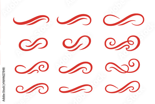 Set of red decorative swash tails and elegant flourishes. Vector graphic sports swoosh elements. Collection of calligraphic curves and ornaments for typography design.