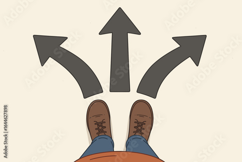 Difficult life choice concept. Person standing at a crossroads with arrows pointing different directions. Uncertainty, decision-making, and choosing a future path or career.