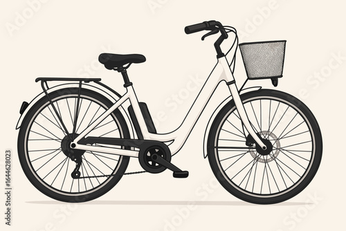 White electric bike vector illustration. Female e-bike for women, side view. City bicycle with basket for urban transport. Modern eco friendly vehicle cartoon design isolated.