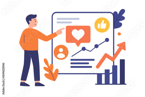 Man presenting social media marketing report with user engagement analytics. SMM strategy for growth, likes, and followers. Business success concept vector illustration.