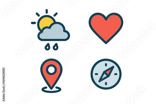 Vector icon set for user interface design. Weather, love, navigation, and location symbols. Sun, cloud, rain, heart, map pin, compass for web, mobile apps, creative project.