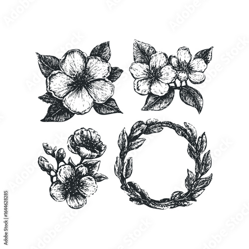 Hand Drawn Flower Arrangements and Laurel Wreath in Sketch Style