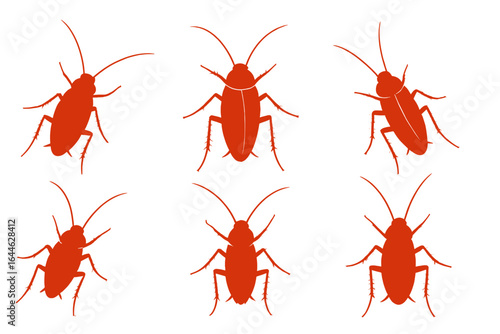 Red cockroach silhouette vector set for pest control design. Roach insect bug icon collection. Disinfection and extermination service graphic element for hygiene concept.