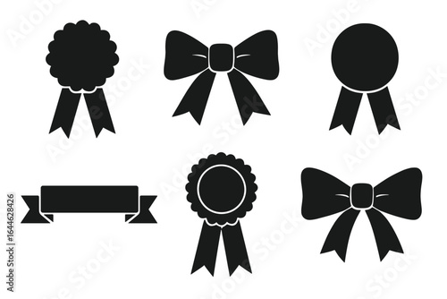 Ribbon badge vector set. Bow and award icon silhouette. Rosette and medal prize collection. Winner symbol for certificate or guarantee. Quality label and gift bow.