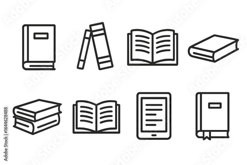 Book icon set vector illustration. Linear library and reading symbols. Open and closed books, textbook, novel, ereader. Education, literature, learning concept. Outline pictogram collection.