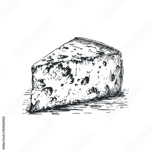 Hand drawn wedge of textured cheese with holes isolated on white