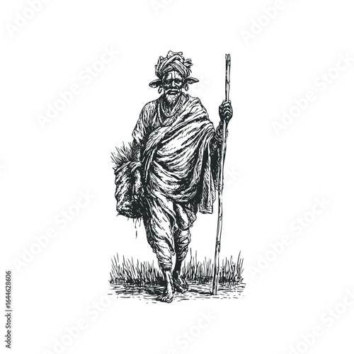 Indian ascetic man with staff walking through tall grass