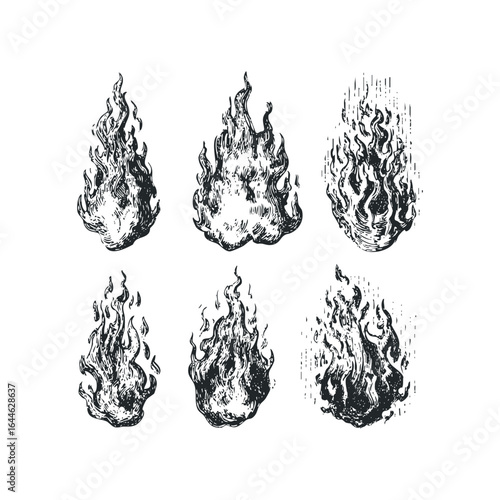 Black and White Textured Flames Collection Hand Drawn Style