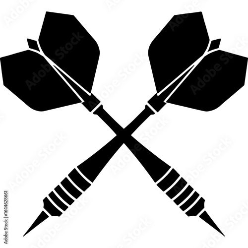Sketchy emblem of crossed darts with sharp tips. Engraving minimalistic vector in black ink drawing on transparent background