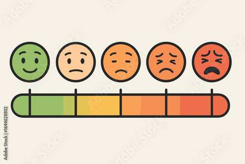 Pain scale chart with emoticons. Emotional pain measurement. Patient feedback and satisfaction level rating. Vector illustration of faces showing degrees of pain from mild to severe.