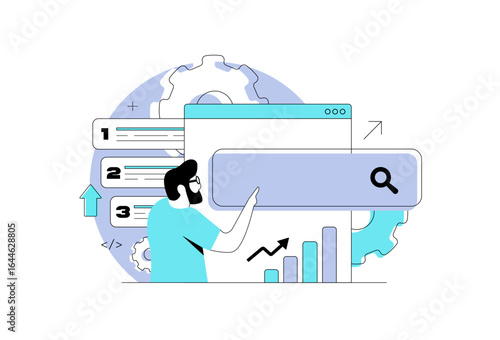 SEO ranking optimization with keyword tracking, search engine ranking improvement, backlink strategy insights. Website visibility growth through seo ranking optimization vector illustration.
