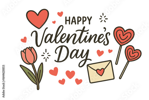 Happy Valentine's Day lettering with cute elements. Romantic hand-drawn illustration set with hearts, tulip, lollipops, love letter. Vector design for greeting cards.