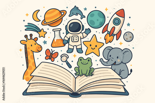 Science book vector illustration. Open book with space and animal elements. Fun learning and education concept. Cartoon astronaut, rocket, planet, giraffe, elephant, frog.