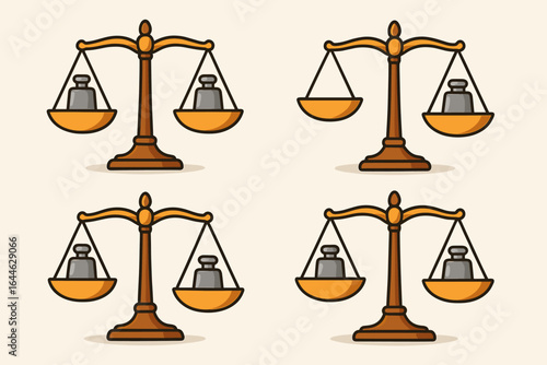 Vector scales of justice set. Balance, imbalance, and equilibrium concept. Comparing weights, making decisions. Law, ethics, and fairness symbol. Measurement icon collection.