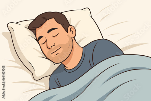 Sleeping man in bed vector illustration. Young male person face with closed eyes falling asleep. Concept of comfort, relaxation, rest, and healthy sleep. Head on pillow.