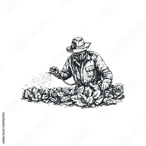Farmer in protective gear sprays crops with pesticide while wearing a hat and mask