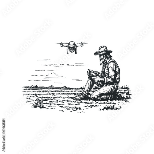 Man in cowboy attire controlling a drone in an open field with distant hills