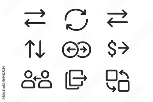 Swap, exchange, and transfer line icon set. Arrow, replace, and sync symbols. Icons for data transfer, money exchange, communication, and workflow change. Vector pictogram.