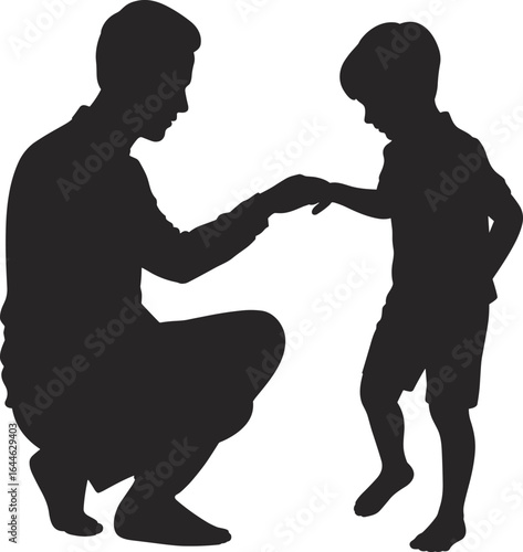 Silhouette of adult kneeling, holding child’s hand, emotional bonding, family connection, nurturing care, guidance, support, love, interaction, trust.
