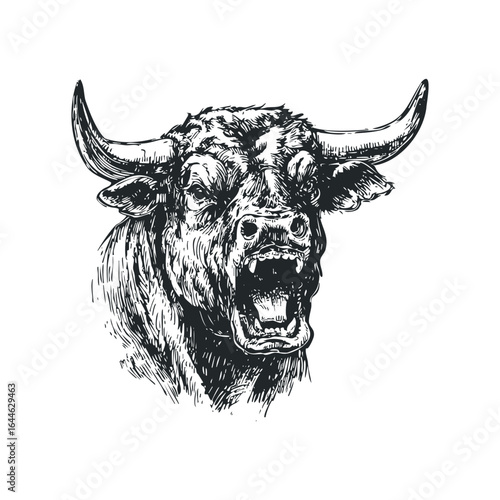 Fierce Bull Head With Open Mouth And Sharp Horns