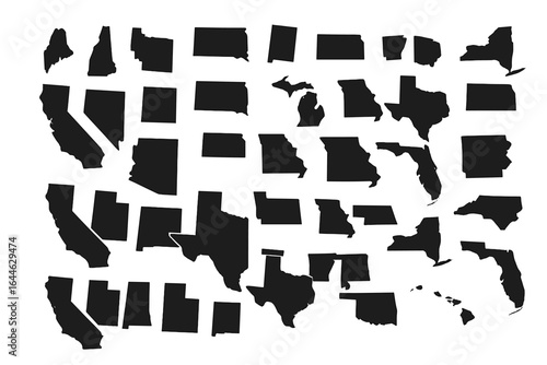USA states map silhouette vector collection. All 50 American states outlines. Geographical and educational material. Travel icons. California, Texas, Florida, New York.