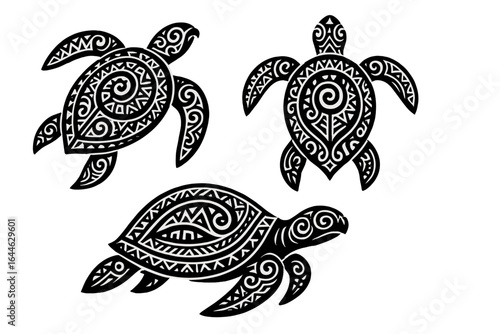 Set of three tribal turtles. Polynesian style turtle tattoo design. Maori ornamental sea animal vector collection. Ethnic ancient reptile silhouette icon for logo or print. Hawaii art.