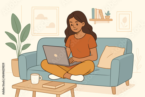 Woman working from home on a laptop, sitting on the couch. Concept of remote work, online learning, freelancing. Comfortable productivity in a cozy home office. Vector.