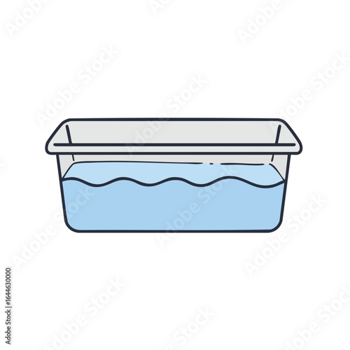 Rectangular container filled with light blue liquid, showing gentle wave patterns