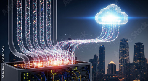A photorealistic scene of multiple glowing data streams flowing from an old physical server rack into a bright, floating 3D cloud hologram in the sky.