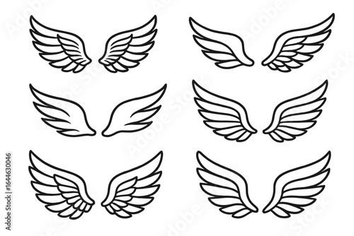 Wings line art vector collection. Set of different angel, bird or eagle wings. Symbol of freedom or flight for logo, emblem, badge, icon or tattoo design element. Minimalist outline.