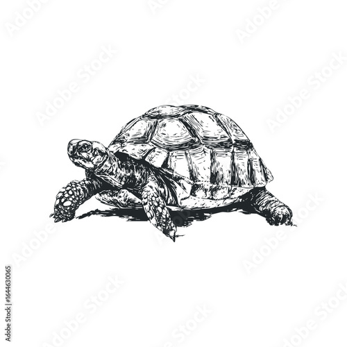 Detailed ink sketch of a terrestrial tortoise on a white background