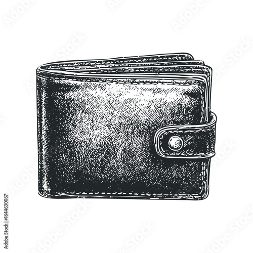 Detailed black and white sketch of a folded leather wallet with snap closure