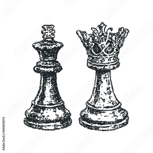 Hand-drawn sketch of a chess king and queen with textured strokes