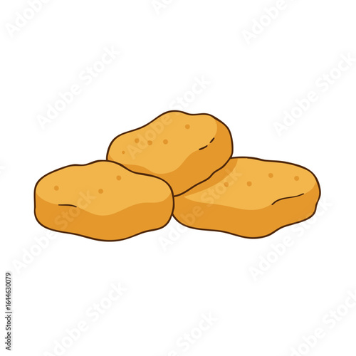 Cartoon depiction of three golden brown chicken nuggets with visible textured surfaces