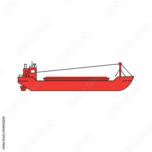 Red cargo ship illustration with crane and detailed superstructure design