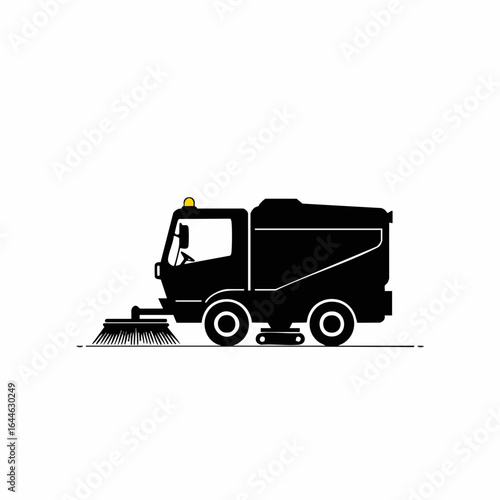 Black silhouette of a street sweeper truck with a yellow light