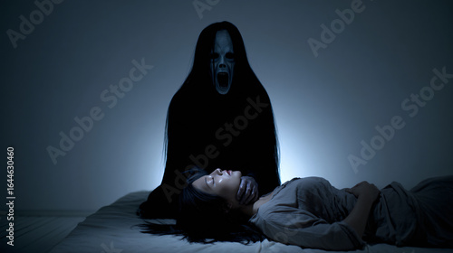 Ghostly Shadow Dark Fearsome Horror Nightmare Eerie Apparition Supernatural Woman Paranormal Thriller Haunted Sleep Chilling Sinister Dread Isolation 