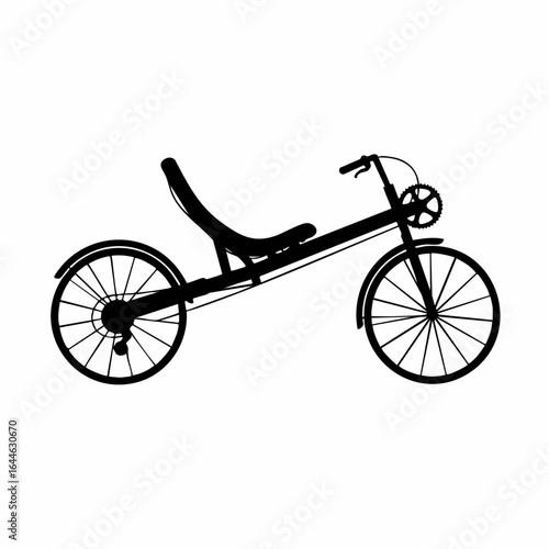 Silhouette of a recumbent bicycle with a high seat and two wheels
