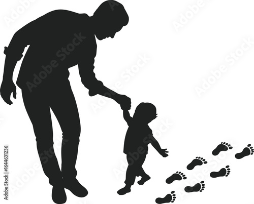 Silhouette of parent and child walking together, holding hands, footprints, emotional bond, family journey, growth, guidance, love, support.