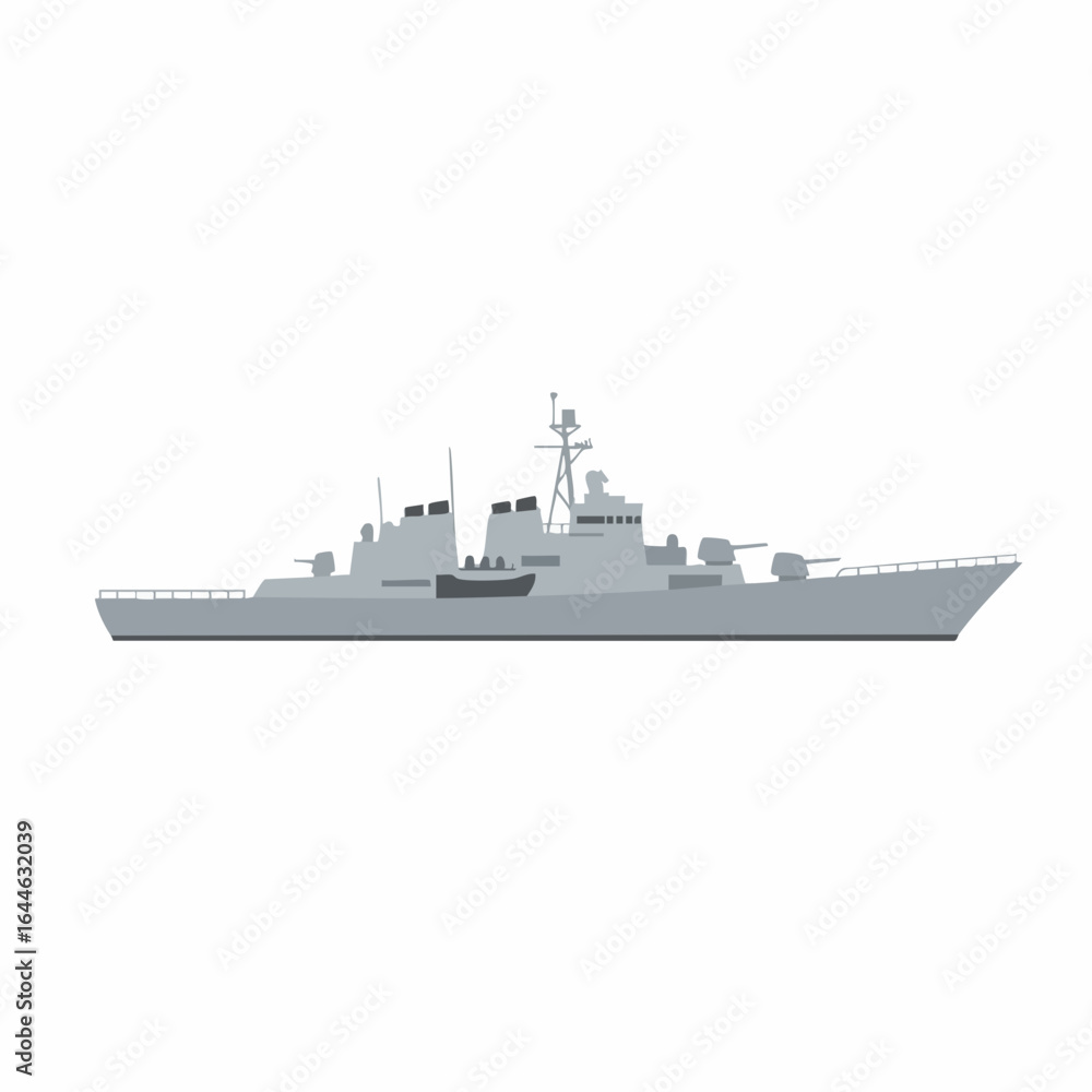 Obraz premium Gray Naval Destroyer with Guns and Radar, Side View, Flat Vector