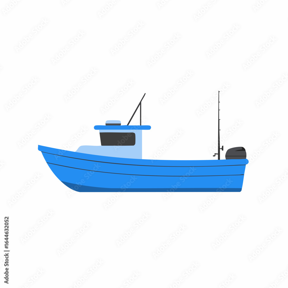Naklejka premium Blue Fishing Boat with Tall Rod and Outboard Motor