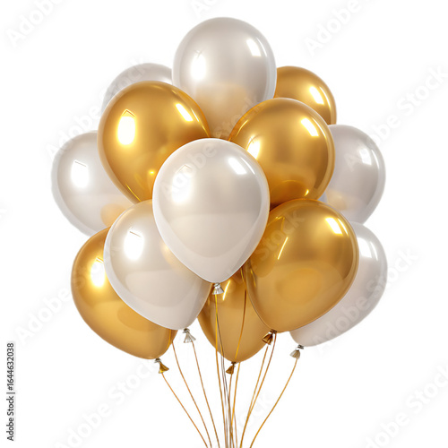A vibrant group of colorful helium balloons for a happy celebration on a white background golden and white party balloons png Cluster of gold and white balloons
