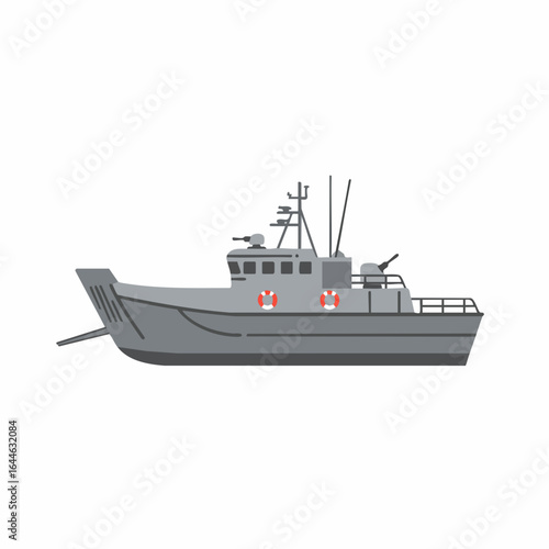 Gray military patrol boat with mounted guns and red life preservers