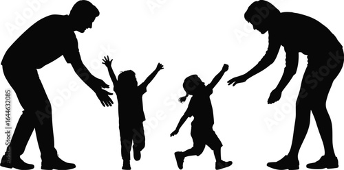 Silhouette of parents and children playing together, family bonding, joyful moments, happy childhood, outdoor fun, parental love, emotional connection.