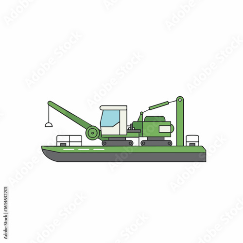 Flat Illustration of a Specialized Barge-Mounted Dredging Machine