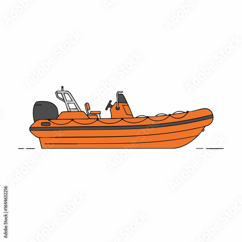 Orange Rigid Inflatable Boat with Motor and Steering Wheel, Side View.