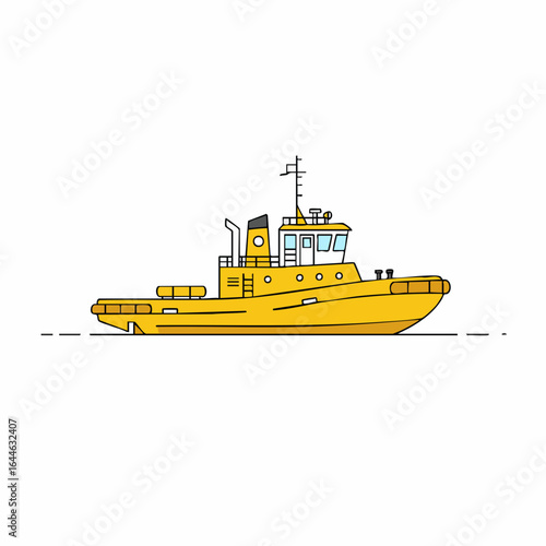 Yellow Tugboat Illustration with Detailed Superstructure and Minimalist Waterline
