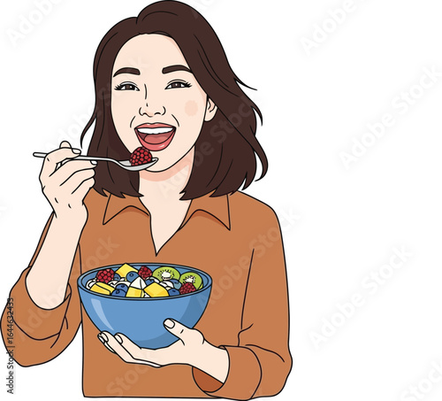 Joyful woman savoring a delicious bowl of fresh fruit salad with a spoon