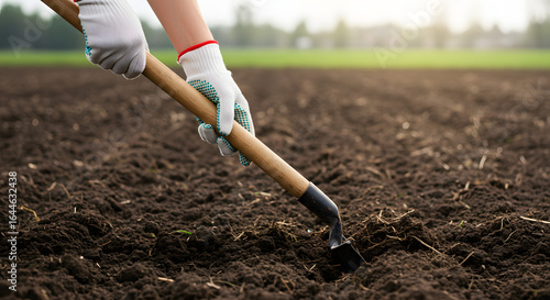 Hands using gardening tool to dig soil in farmland, creative agricultural concept
